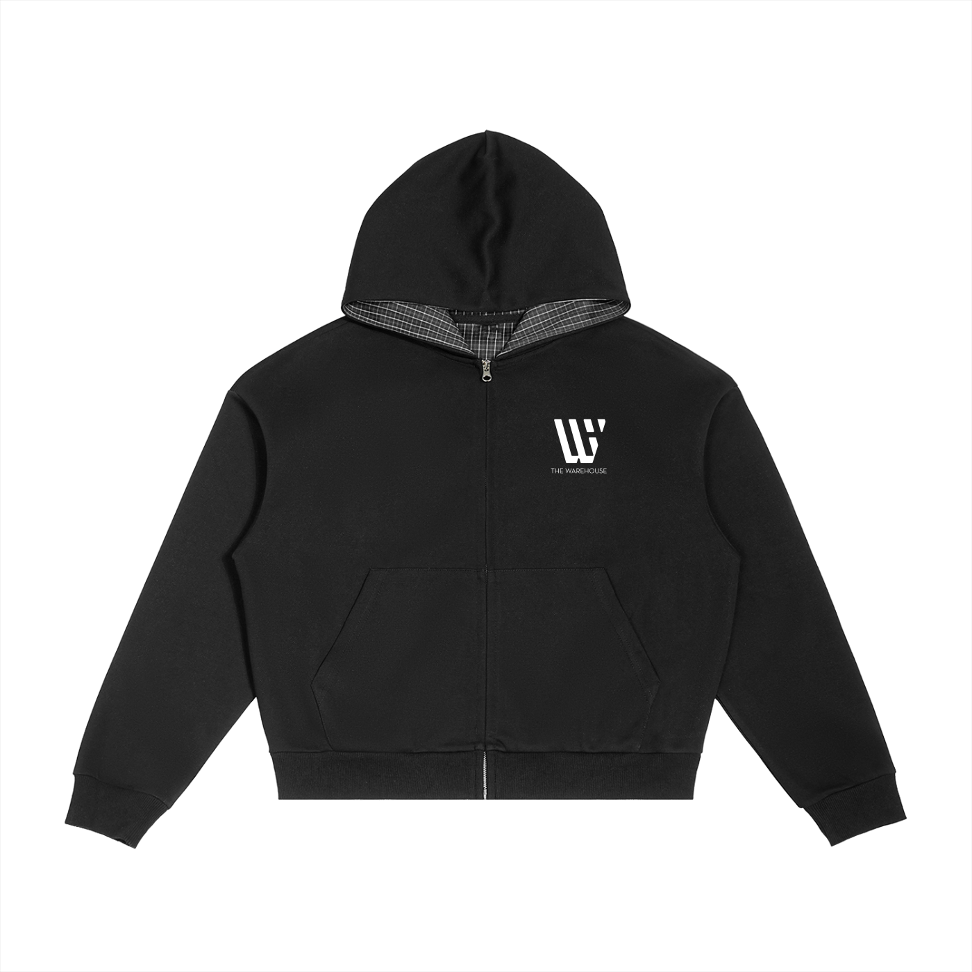 Unisex Logo Plaid Boxy Zip Hoodie